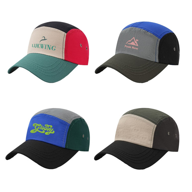 A colourful lightweight 5-panel flat bill cap featuring a logo, available in multiple colour combinations.