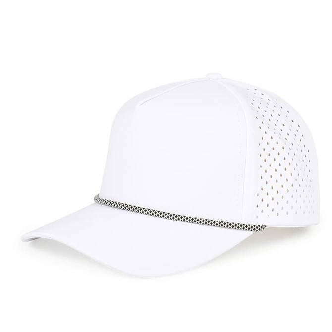 A white mesh back cap featuring a perforated design and a decorative band. Includes a logo.