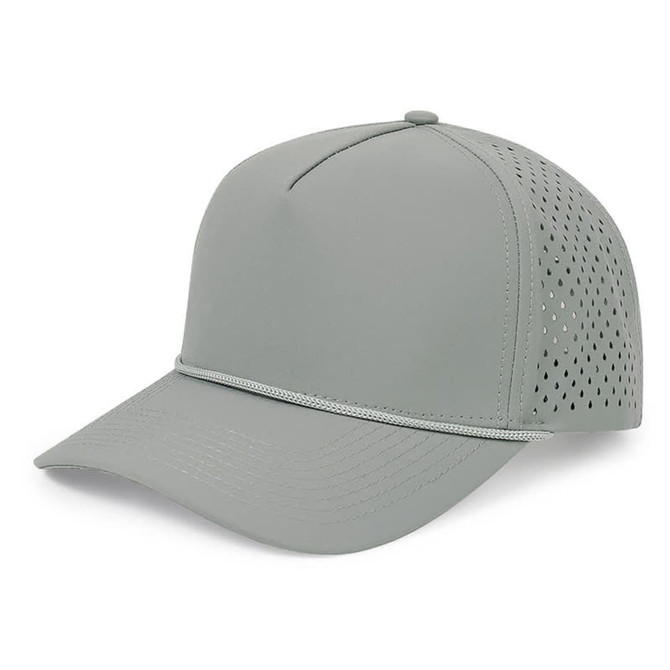 A grey performance cap with a mesh back and a decorative rope detail at the front. It features a logo.
