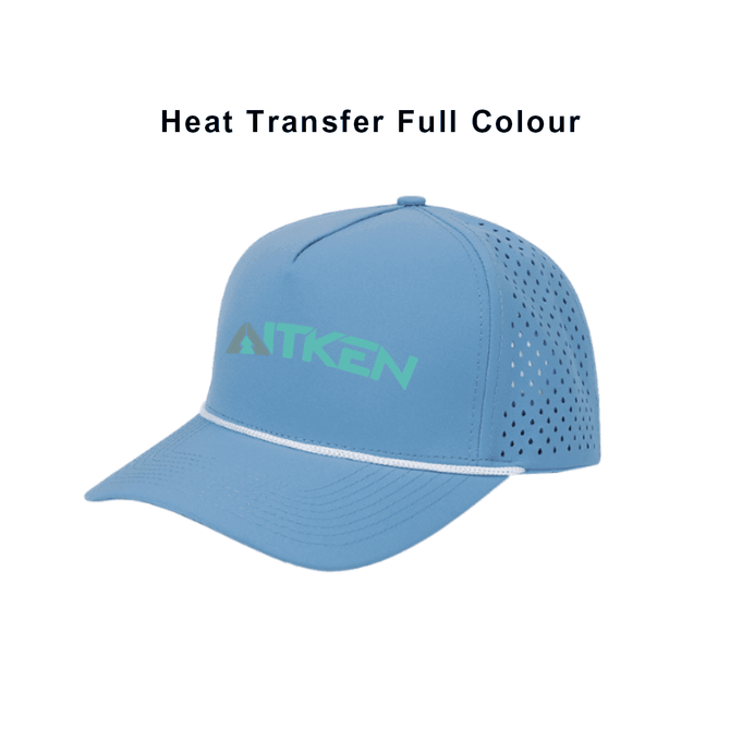 A light blue mesh back cap with a curved brim and a logo on the front.