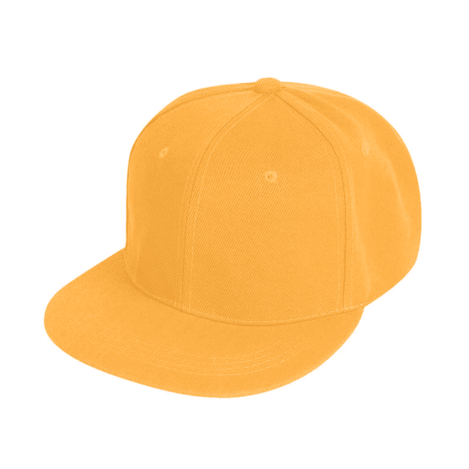 A yellow 6 panel trucker cap with a structured crown and a flat brim. It features a logo on the front.