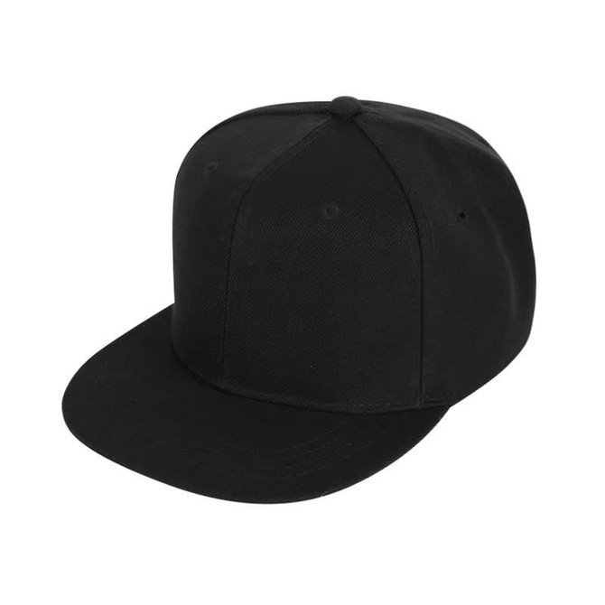 A black 6 panel trucker cap featuring a flat brim and an adjustable strap at the back. It has a logo on the front.