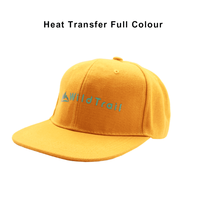 A yellow 6-panel trucker cap with a front logo and a curved brim.