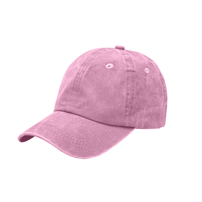 A vintage washed baseball cap in a soft pink colour with a curved brim and six ventilation holes.