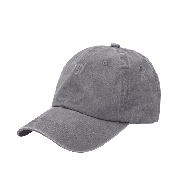 A vintage washed baseball cap in a grey colour with a rounded crown and a curved brim, featuring a logo.