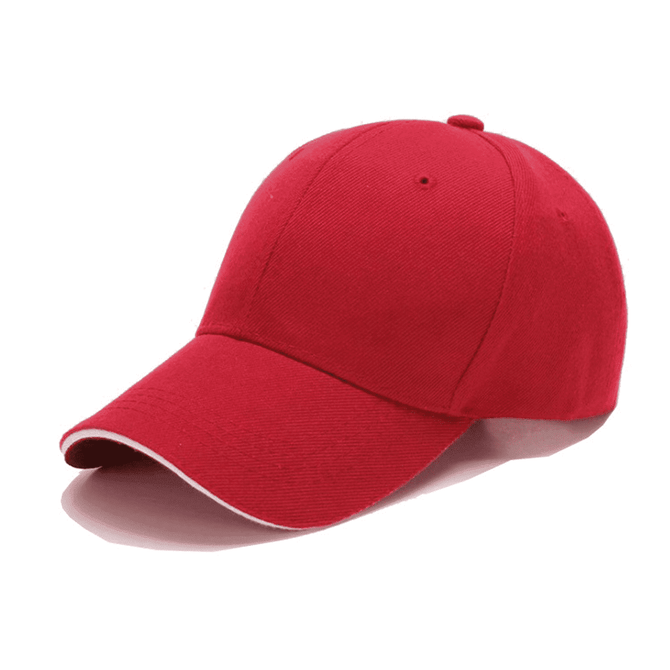 A red 6-panel cap with a curved brim and a logo on the front.