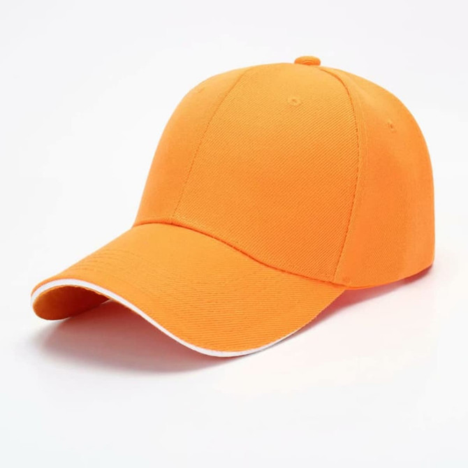 An orange six-panel cap featuring a contrasting white trim and a logo on the front.