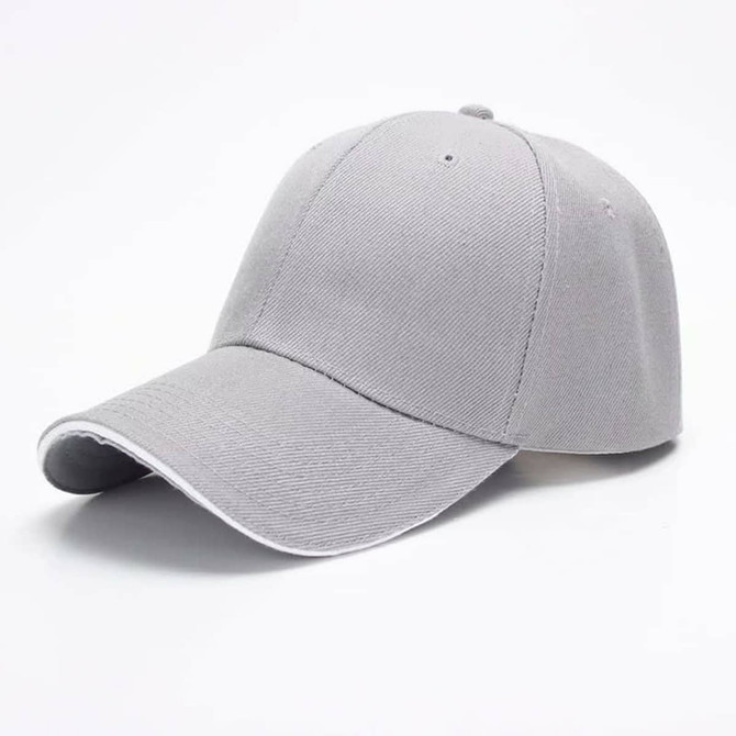 A grey 6-panel cap featuring a curved brim and a logo on the front.