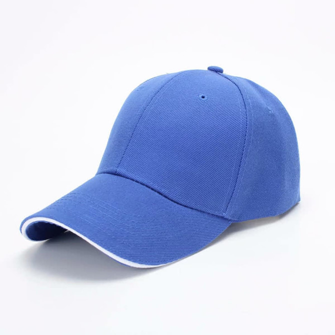 A blue 6-panel cap with a curved brim and contrasting trim. It features a logo on the front.