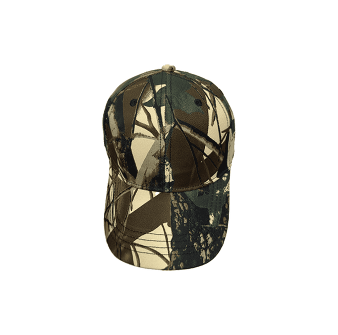 A camouflage 6-panel cap featuring shades of green, brown, and cream with a branded logo.