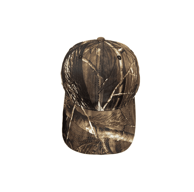A 6-panel cap featuring True Timber camouflage pattern in earthy tones of brown and green, with a branding logo present.