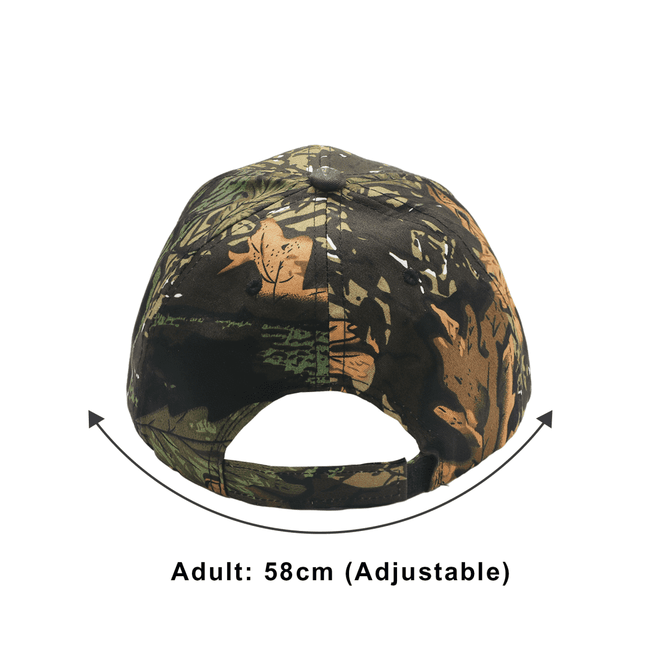 A six-panel cap in true timber camouflage, featuring shades of green and brown with an adjustable strap and logo.
