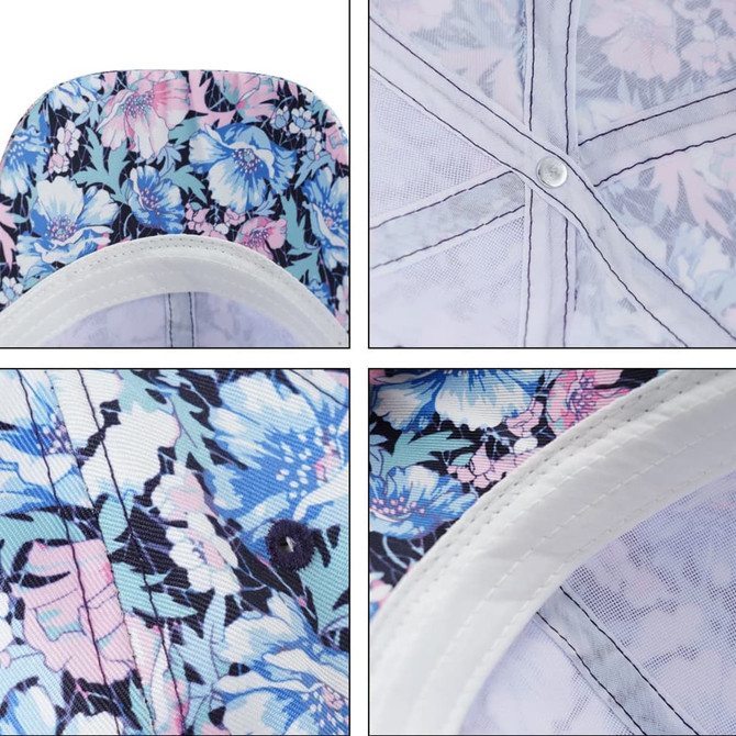 A floral-patterned 6 panel custom cap with a button, featuring shades of blue, pink, and white. It has a logo.
