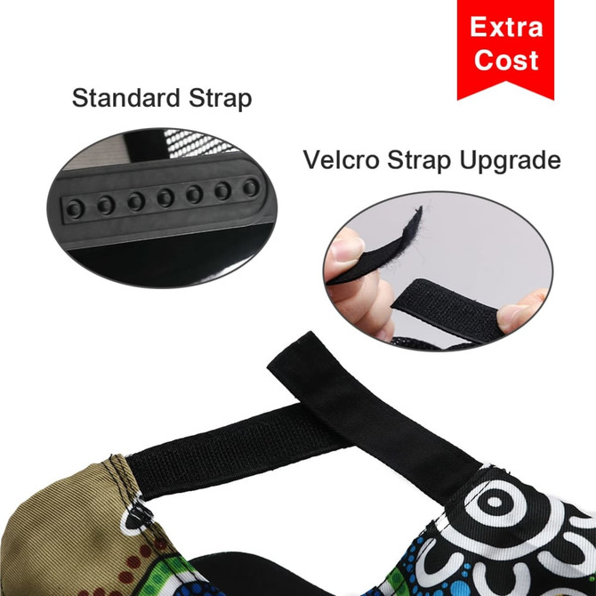 A cap featuring a vibrant design with an option for a standard strap or a velcro strap upgrade.