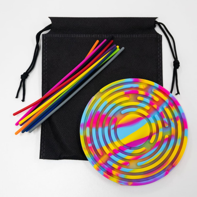 A sensory activity board in rainbow colours with curved patterns, accompanied by colourful sensory sticks and a storage bag.