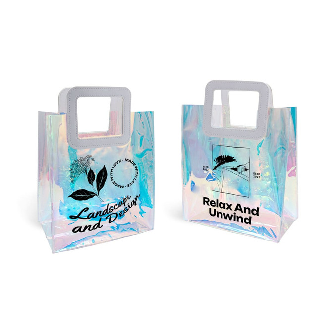 An iridescent rainbow PVC bag with a clear handle, featuring botanical designs and an abstract blue background. An iridescent rainbow PVC bag with a clear handle, featuring botanical designs and an abstract blue background.