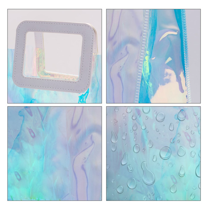 A translucent iridescent rainbow PVC bag featuring a clear window and a glossy finish with water droplets. A translucent iridescent rainbow PVC bag featuring a clear window and a glossy finish with water droplets.