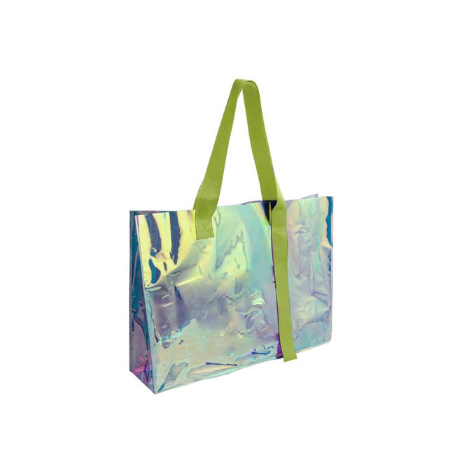 A colourful transparent PVC tote bag with a glossy finish and green straps, showcasing iridescent hues.
