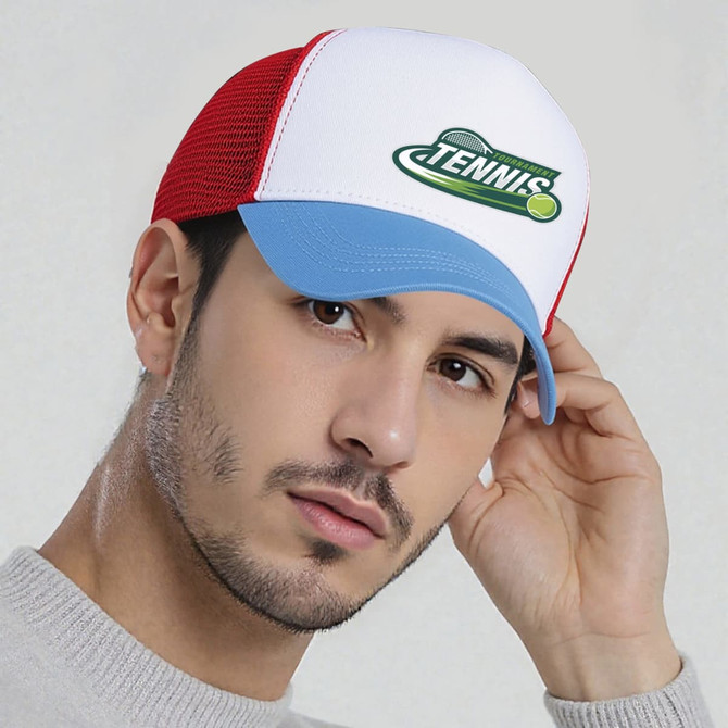 A fashion mesh hat with a white front, red mesh sides, and a light blue peak, featuring a logo.