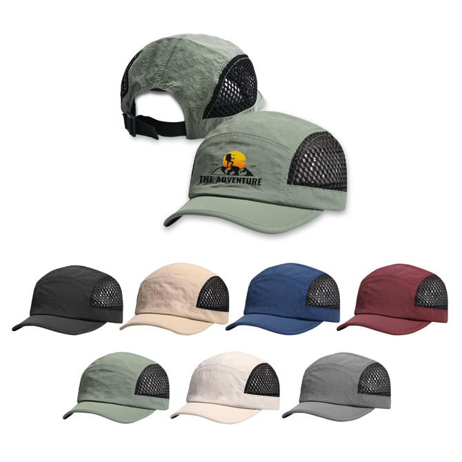 A short brimmed mesh running cap in various colours including black, beige, green, blue, and maroon, featuring a logo.