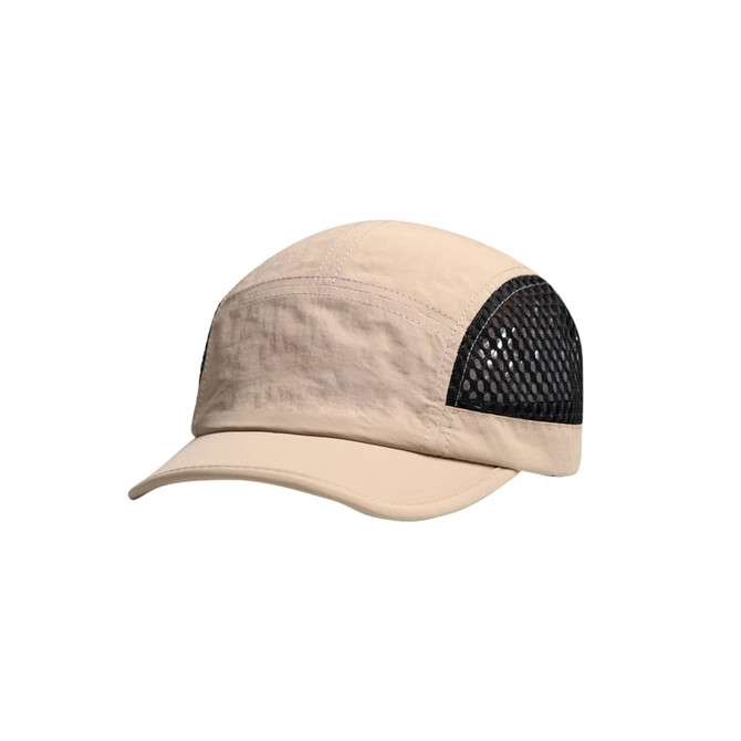 A short brimmed mesh running cap in beige with a black mesh side panel and a logo.