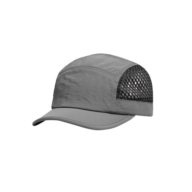 A grey short brimmed running cap with a breathable mesh panel at the back and a logo on the side.