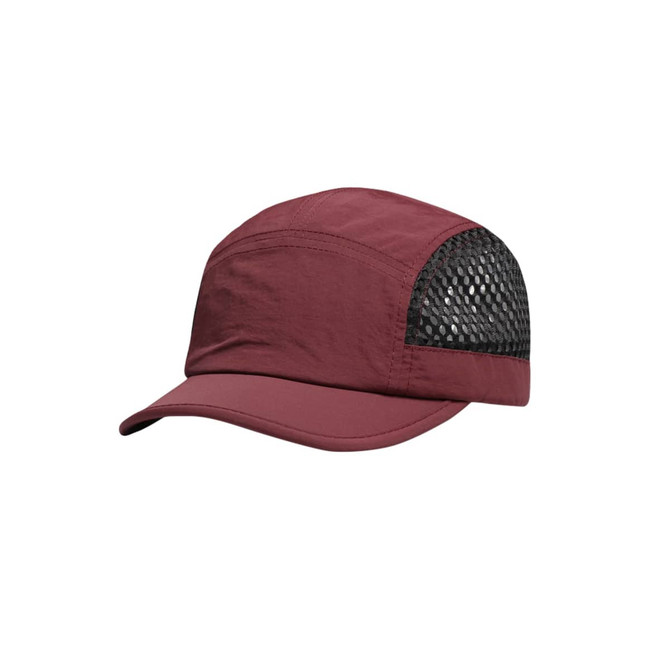 A short brimmed mesh running cap in burgundy with a black mesh panel and logo.