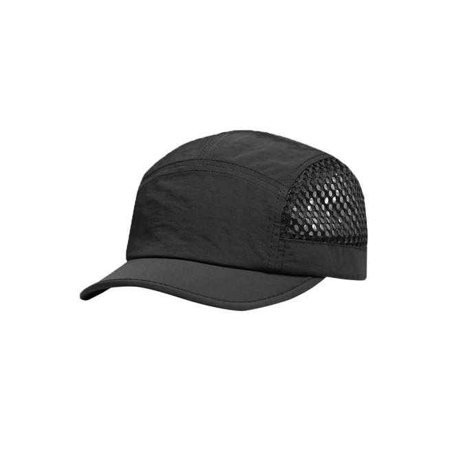 A black short brimmed running cap featuring a mesh back and a solid front panel, complete with a logo.
