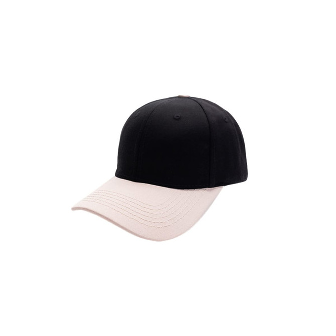 A black and light pink 6-panel adjustable baseball cap with a curved brim and a logo on the front.