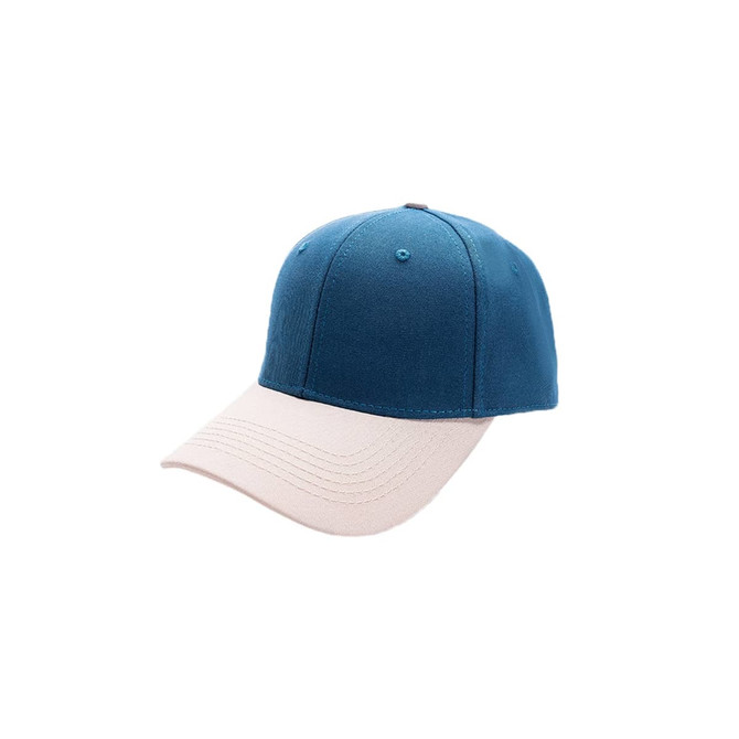 A blue and beige 6-panel adjustable baseball cap featuring a curved brim and a logo on the front.