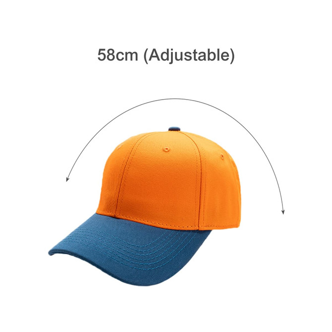 An adjustable six-panel baseball cap in orange and blue, featuring a curved peak and a logo.