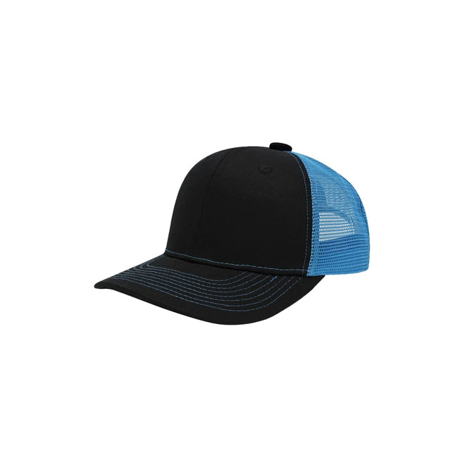 A black trucker hat with a blue mesh back, featuring a structured front and contrasting stitching.