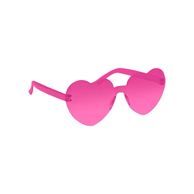 Pink heart-shaped party glasses with transparent lenses and a fun, playful design. Features a simple logo on the frame.