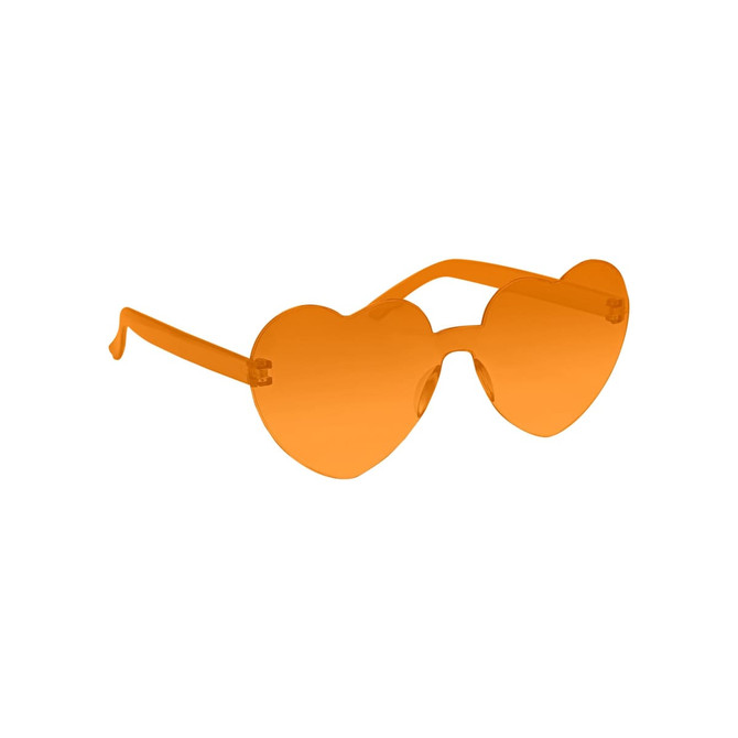 Heart-shaped sunglasses in vibrant orange with transparent frames and tinted lenses. Suitable for festive occasions.