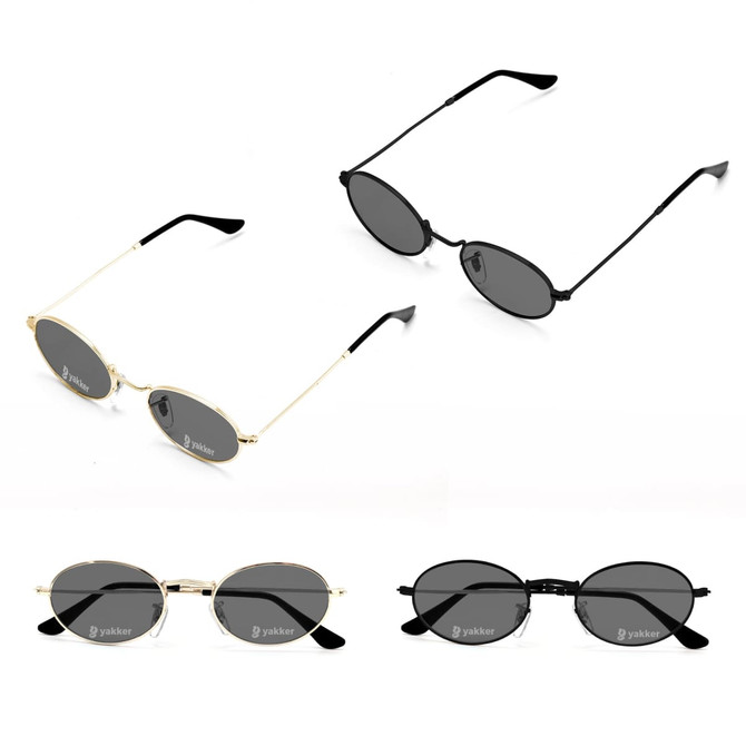 Oval retro sunglasses in black and gold frames, featuring dark lenses and sleek designs. Includes logo branding.