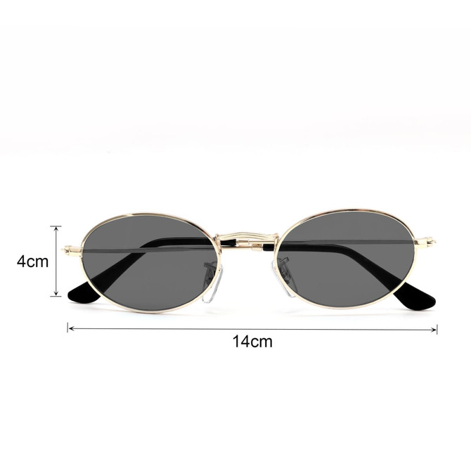 Oval retro sunglasses with black lenses and a gold frame, measuring 14cm in width and 4cm in height.
