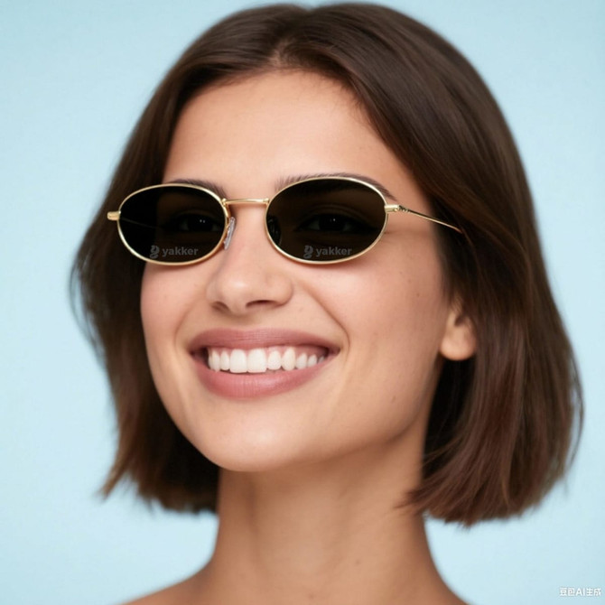 Oval retro sunglasses with a gold frame and dark lenses, showcased by a smiling model against a light blue background.