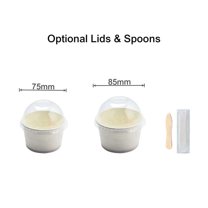 Custom gelato cups in two sizes, 75mm and 85mm, with optional clear lids and wooden spoons.