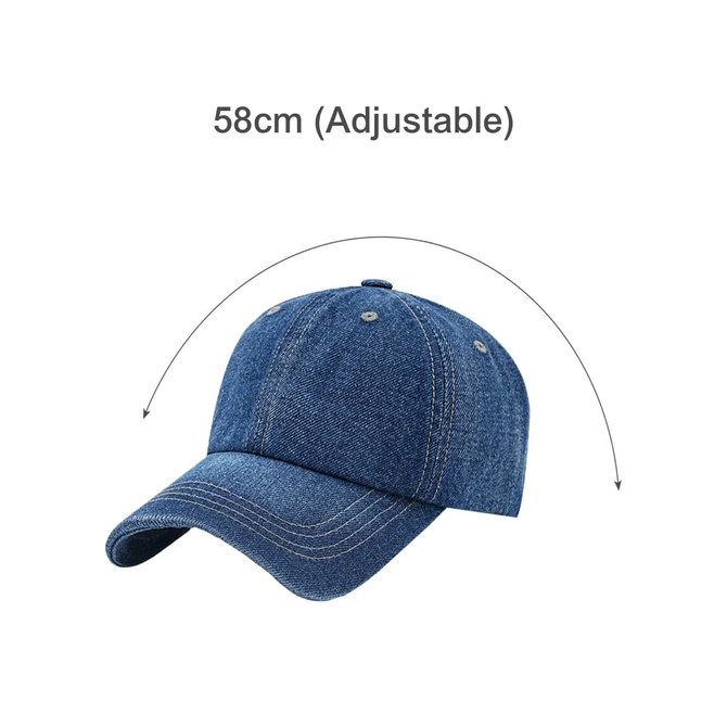A denim baseball cap in a deep blue colour with an adjustable size feature. It has a logo on the front.