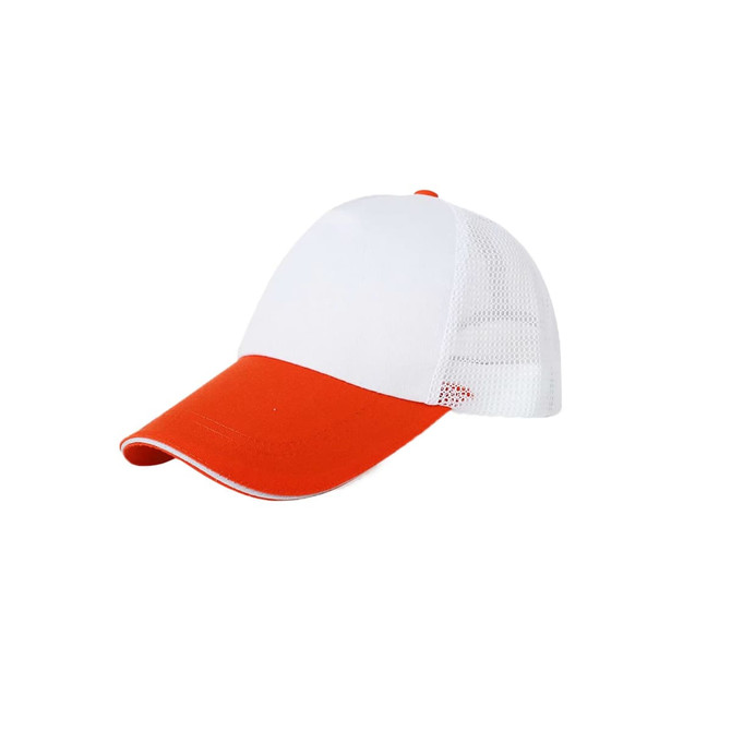 A white and orange cap featuring a mesh back and a curved peak. It has a logo on the front.
