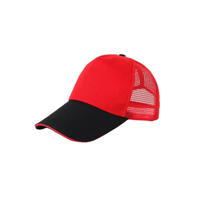 A red and black peak cap featuring a mesh back and a curved visor, with a logo on the front.