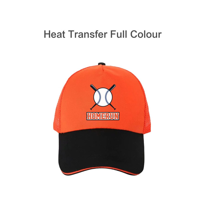 An orange and black cap featuring a baseball graphic and crossed bats, with a logo on the front.