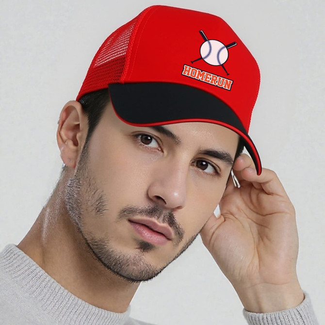 A red peak cap with a black brim and a mesh back, featuring a logo on the front.