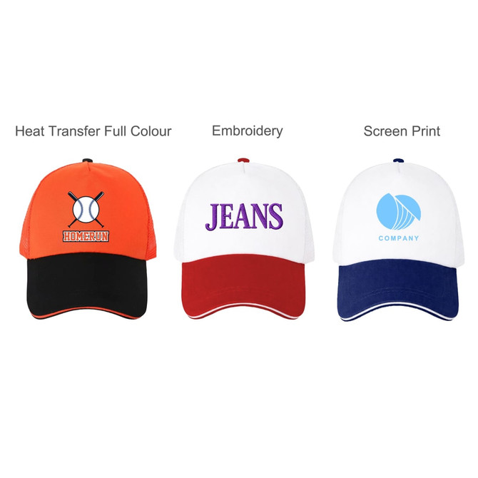 A collection of three caps featuring orange, white, and red colours, each with different logo styles.