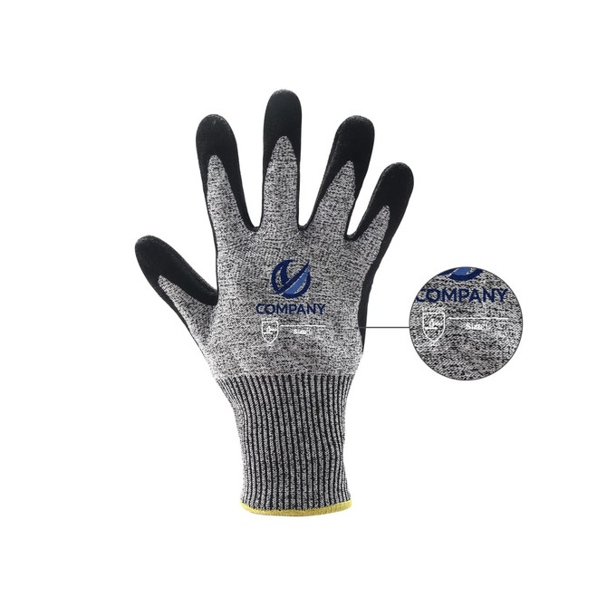 A grey and black cut resistant nitrile glove with a ribbed wrist, featuring a company logo.
