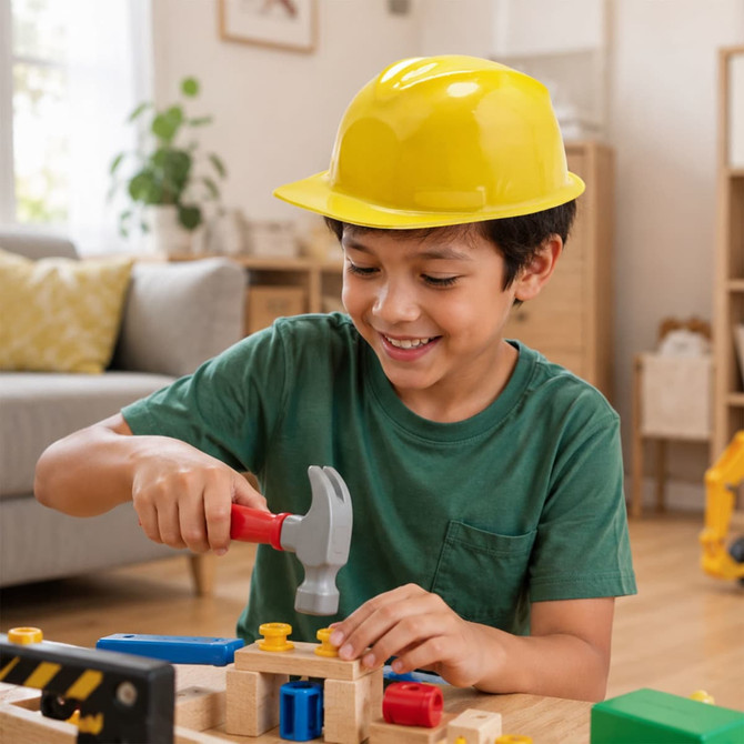 A child wearing a bright yellow PVC construction hat smiles while using a hammer on a wooden building toy.