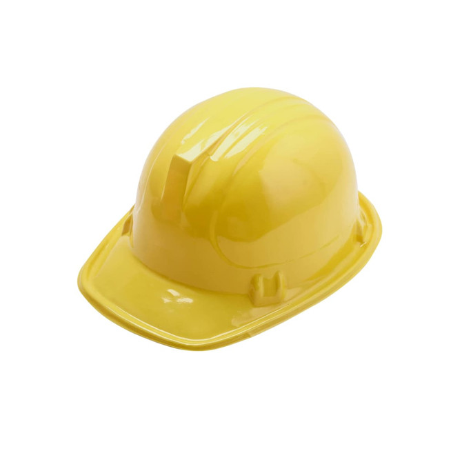 A yellow PVC construction hat with a glossy finish and a rounded top, featuring ridges on the surface.