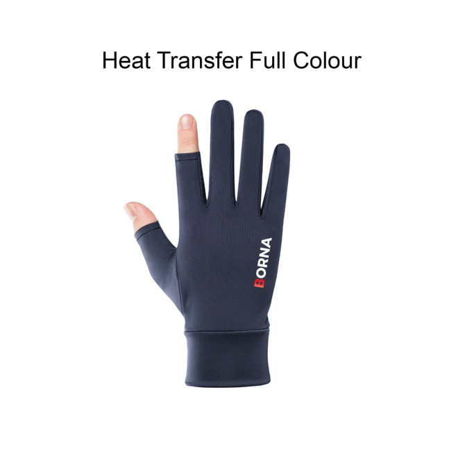 Navy sun protective gloves with two open fingers, featuring a logo on the side.