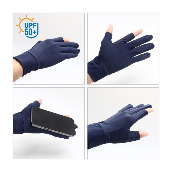 Sun protective gloves in navy blue with two open fingers, featuring a textured grip and a logo.