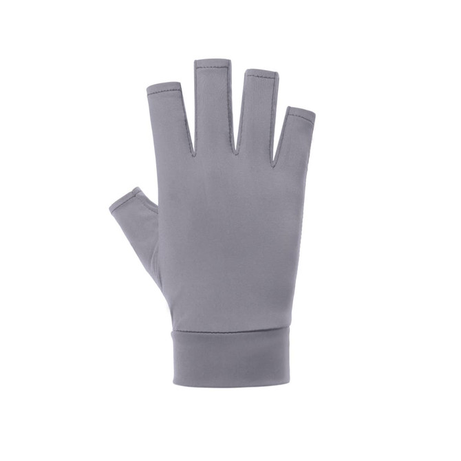 A pair of grey fingerless gloves designed for sun protection, featuring a sleek, smooth finish.